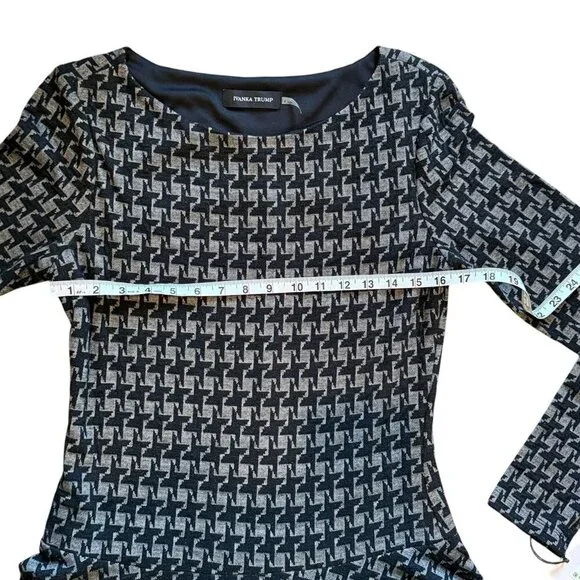 Ivanka Trump Dress Drop Waist Flare Black Grey/white Houndstooth Long Sleeve - Picture 4 of 9